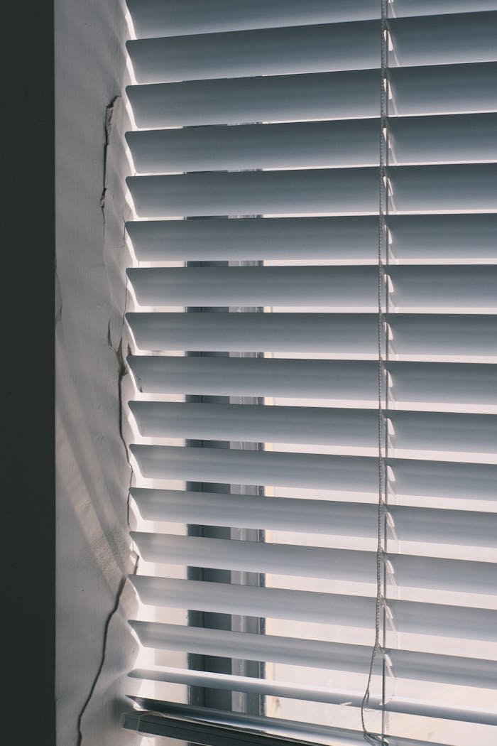 Close-up of white horizontal window blinds with soft light filtering through them indoors.