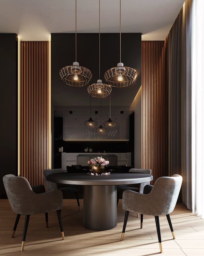 digital A sophisticated, contemporary dining room with elegant lighting and luxurious furnishings.
