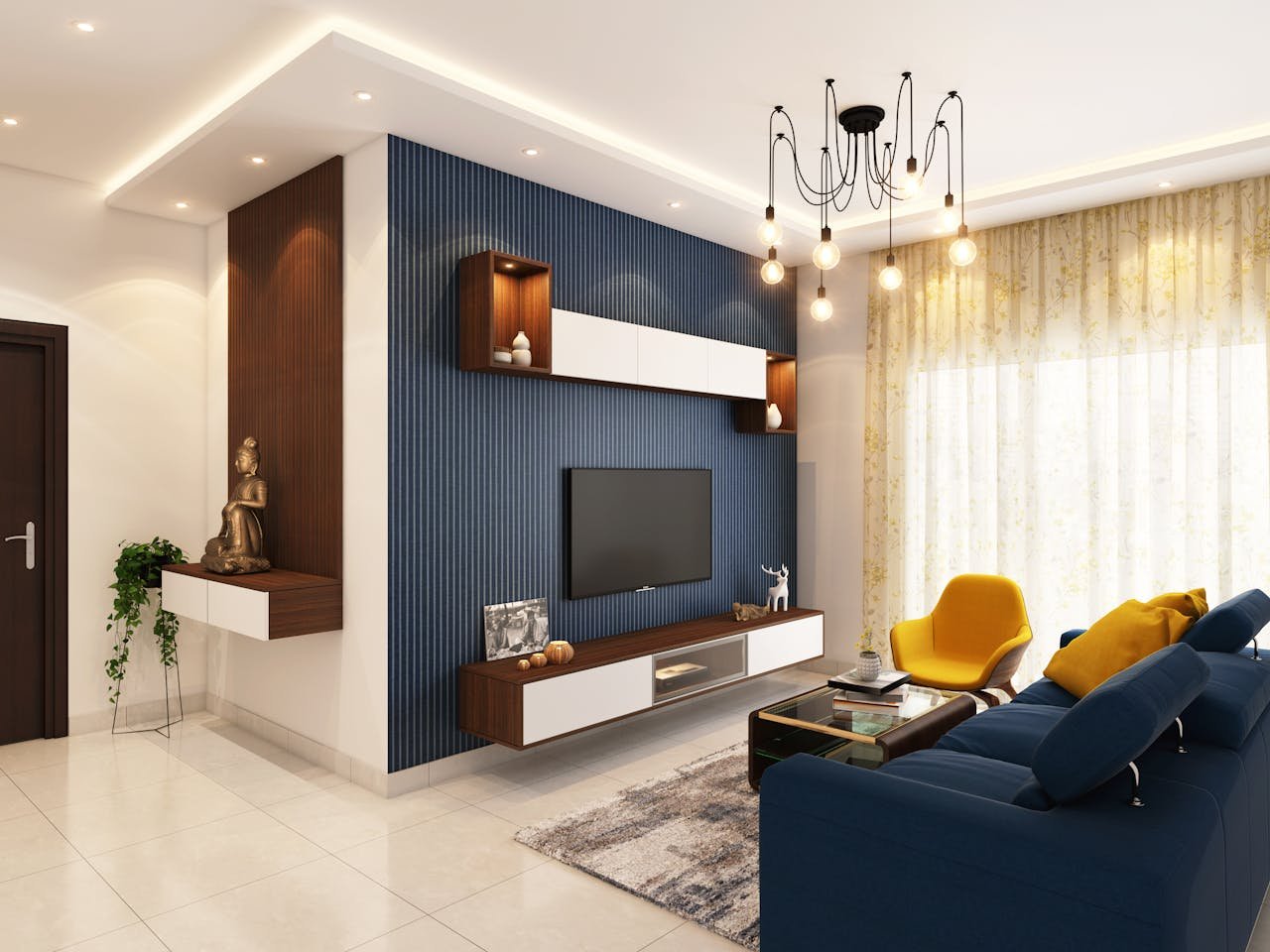 creative Contemporary and cozy living room interior with elegant decor in Bangalore.